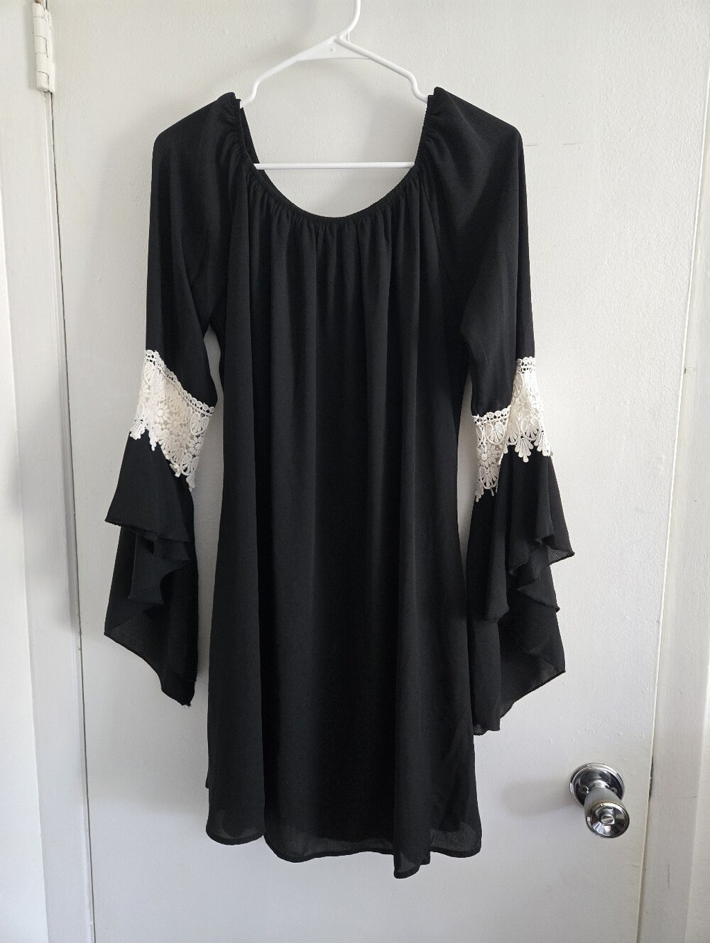 Honeyme Black Long Sleeve Dress with White Lace Trim